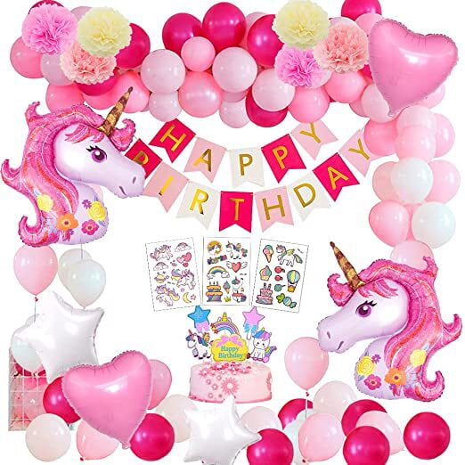 Unicorn Happy Birthday Banner w/Hanging Swirls Rainbow Cake Topper Paper Flowers for Girls Kids Birthday Party Decoration/Unicorn Theme Women Tea Party 39 Pieces 